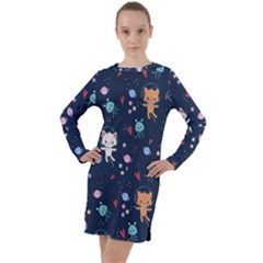 Cute Astronaut Cat With Star Galaxy Elements Seamless Pattern Long Sleeve Hoodie Dress by Grandong