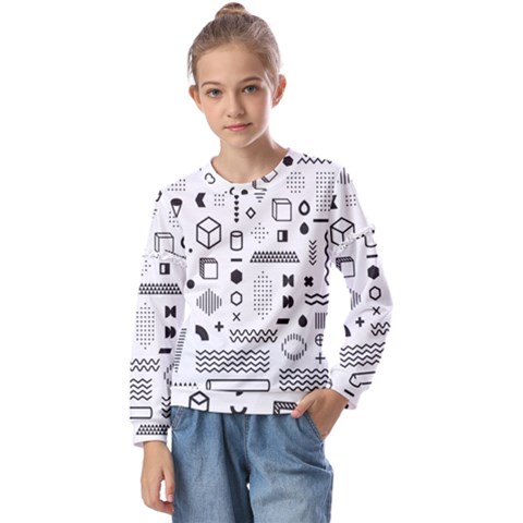 Pattern Hipster Abstract Form Geometric Line Variety Shapes Polkadots Fashion Style Seamless Kids  Long Sleeve T-shirt With Frill  by Grandong
