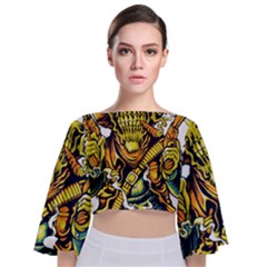 Cowboy Skeleton With Gun Illustration Tie Back Butterfly Sleeve Chiffon Top by Sarkoni