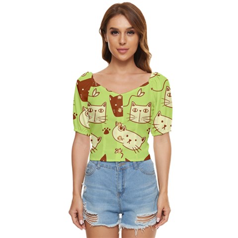 Cute Hand Drawn Cat Seamless Pattern Button Up Blouse by Bedest