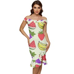 Fruits Pattern Background Food Off Shoulder Ruffle Split Hem Bodycon Dress by Apen