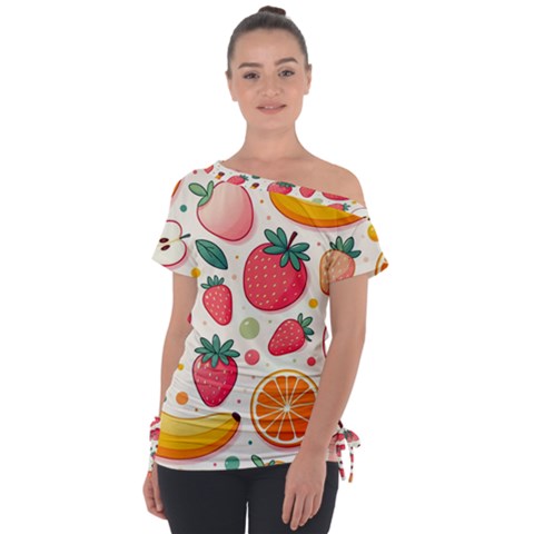 Fruit Sweet Pattern Off Shoulder Tie-up T-shirt by Ravend