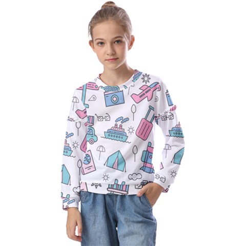 Transportation Seamless Pattern Kids  Long Sleeve T-shirt With Frill  by Grandong
