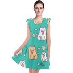 Seamless Pattern Cute Cat Cartoon With Hand Drawn Style Tie Up Tunic Dress by Grandong