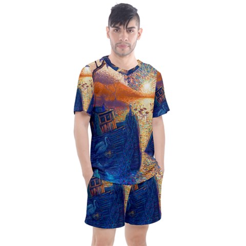Digital Art Fantasy Impressionism Painting Ship Boat Psychedelic Peacock Mushroom Flamingos Hipwreck Men s Mesh T-shirt And Shorts Set by Sarkoni