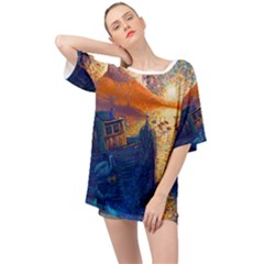 Digital Art Fantasy Impressionism Painting Ship Boat Psychedelic Peacock Mushroom Flamingos Hipwreck Oversized Chiffon Top by Sarkoni