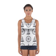 Marine Nautical Seamless Pattern With Vintage Lighthouse Wheel Sport Tank Top  by Bedest
