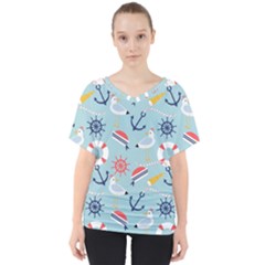Nautical Marine Symbols Seamless Pattern V-neck Dolman Drape Top by Hannah976