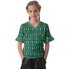 Wallpaper Ugly Sweater Backgrounds Christmas Kids  V-neck Horn Sleeve Blouse by artworkshop