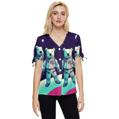 Bear Astronaut Futuristic Bow Sleeve Button Up Top by Bedest