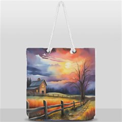 Rural Farm Fence Pathway Sunset Full Print Rope Handle Tote (large) by Bedest