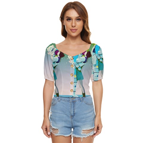 Astronaut Cat Retro Cute Alien Button Up Blouse by Bedest