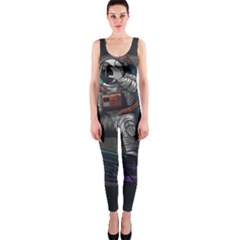 Illustration Astronaut Cosmonaut Paying Skateboard Sport Space With Astronaut Suit One Piece Catsuit by Ndabl3x