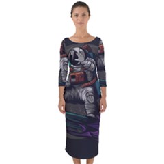 Illustration Astronaut Cosmonaut Paying Skateboard Sport Space With Astronaut Suit Quarter Sleeve Midi Bodycon Dress by Ndabl3x