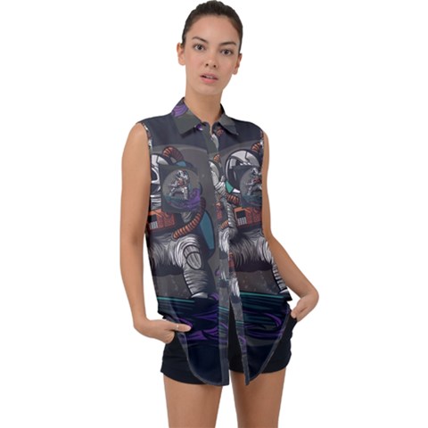 Illustration Astronaut Cosmonaut Paying Skateboard Sport Space With Astronaut Suit Sleeveless Chiffon Button Shirt by Ndabl3x