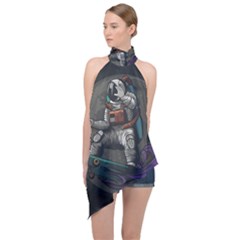 Illustration Astronaut Cosmonaut Paying Skateboard Sport Space With Astronaut Suit Halter Asymmetric Satin Top by Ndabl3x