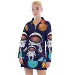 Boy Spaceman Space Rocket Ufo Planets Stars Women s Long Sleeve Casual Dress by Ndabl3x