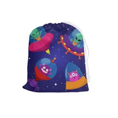Cartoon Funny Aliens With Ufo Duck Starry Sky Set Drawstring Pouch (large) by Ndabl3x