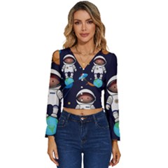 Boy Spaceman Space Rocket Ufo Planets Stars Long Sleeve V-neck Top by Ndabl3x