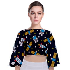 Seamless Adventure Space Vector Pattern Background Tie Back Butterfly Sleeve Chiffon Top by Hannah976