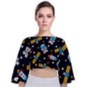 Seamless Adventure Space Vector Pattern Background Tie Back Butterfly Sleeve Chiffon Top View1