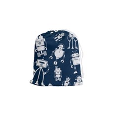 White Robot Blue Seamless Pattern Drawstring Pouch (small) by Hannah976