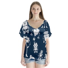 White Robot Blue Seamless Pattern V-neck Flutter Sleeve Top by Hannah976