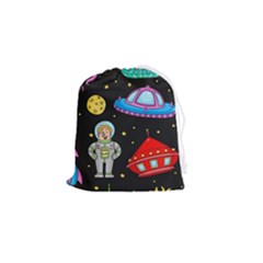 Seamless Pattern With Space Objects Ufo Rockets Aliens Hand Drawn Elements Space Drawstring Pouch (small) by Hannah976