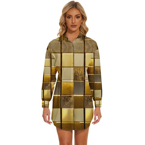Golden Mosaic Tiles  Womens Long Sleeve Shirt Dress by essentialimage