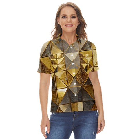 Golden Mosaic Tiles  Women s Short Sleeve Double Pocket Shirt by essentialimage365
