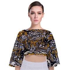 Crazy Abstract Doodle Social Doodle Drawing Style Tie Back Butterfly Sleeve Chiffon Top by Hannah976