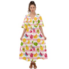 Tropical Fruits Berries Seamless Pattern Kimono Sleeve Boho Dress by Ravend