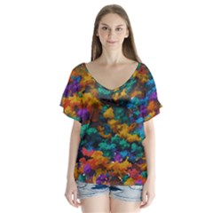 Color-for-a-line V-neck Flutter Sleeve Top by aline