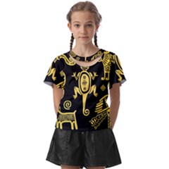 Mexican Culture Golden Tribal Icons Kids  Front Cut T-shirt by Apen