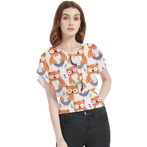 Cute Colorful Owl Cartoon Seamless Pattern Butterfly Chiffon Blouse by Apen