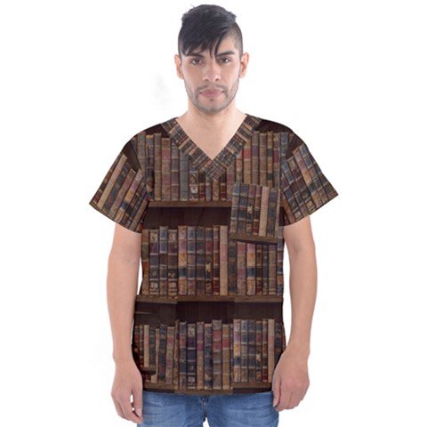 Old Bookshelf Orderly Antique Books Men s V-neck Scrub Top by Cendanart