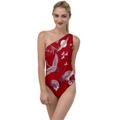 Japanese Crane Bird Art To One Side Swimsuit by Cendanart