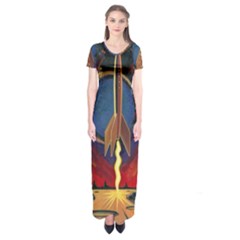 Rocket Painting Short Sleeve Maxi Dress by Cendanart