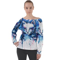 Cat Off Shoulder Long Sleeve Velour Top by saad11
