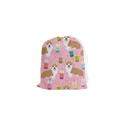 Corgi Bubble Boba Tea Pink Pattern Drawstring Pouch (xs) by Cendanart