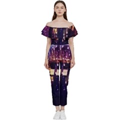 Tardis Regeneration Art Doctor Who Paint Purple Sci Fi Space Star Time Machine Bardot Ruffle Jumpsuit by Cendanart