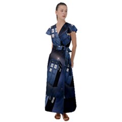 Tardis Doctor Who Planet Flutter Sleeve Maxi Dress by Cendanart