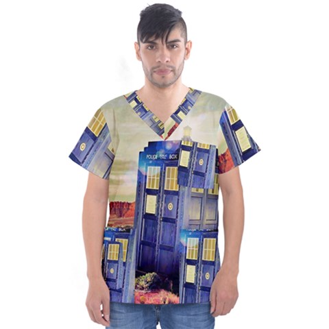 Tardis Wilderness Doctor Who Men s V-neck Scrub Top by Cendanart