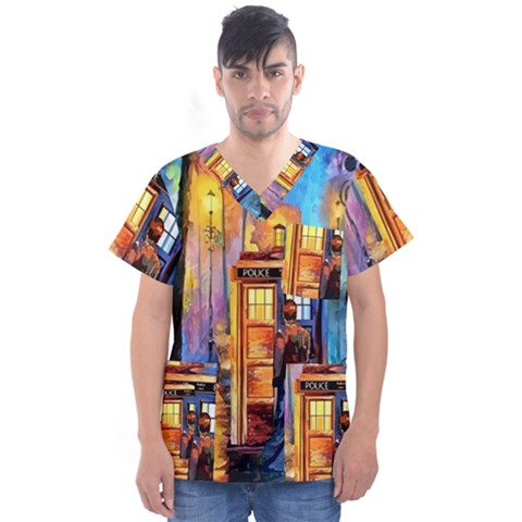Tardis Doctor Who Paint Painting Men s V-neck Scrub Top by Cendanart