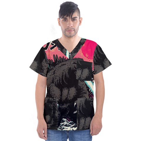 Godzilla Vintage Wave Men s V-neck Scrub Top by Cendanart