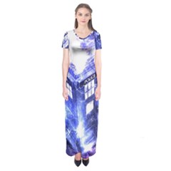 Tardis Doctor Who Blue Travel Machine Short Sleeve Maxi Dress by Cendanart