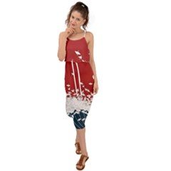 Red Sun Sea Waves Bird Japanese Art Minimalist Waist Tie Cover Up Chiffon Dress by Bedest