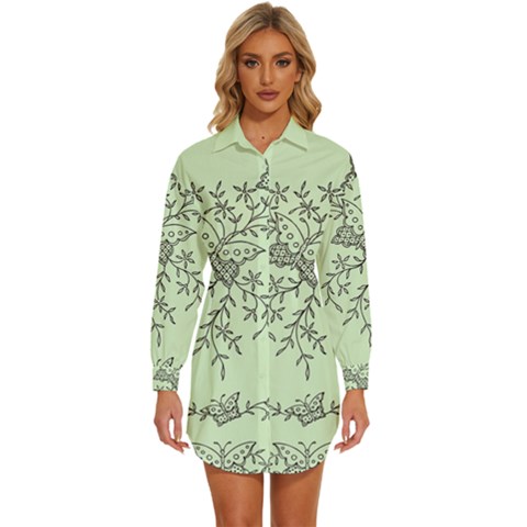 Illustration Of Butterflies And Flowers Ornament On Green Background Womens Long Sleeve Shirt Dress by Ket1n9