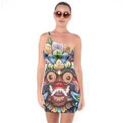 Wood Sculpture Bali Logo One Shoulder Ring Trim Bodycon Dress by Ket1n9