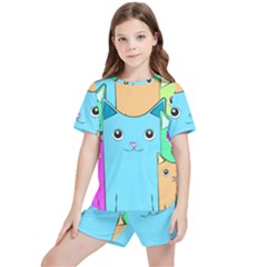Cat Animals Cartoon Pattern Kids  T-shirt And Sports Shorts Set by Cendanart